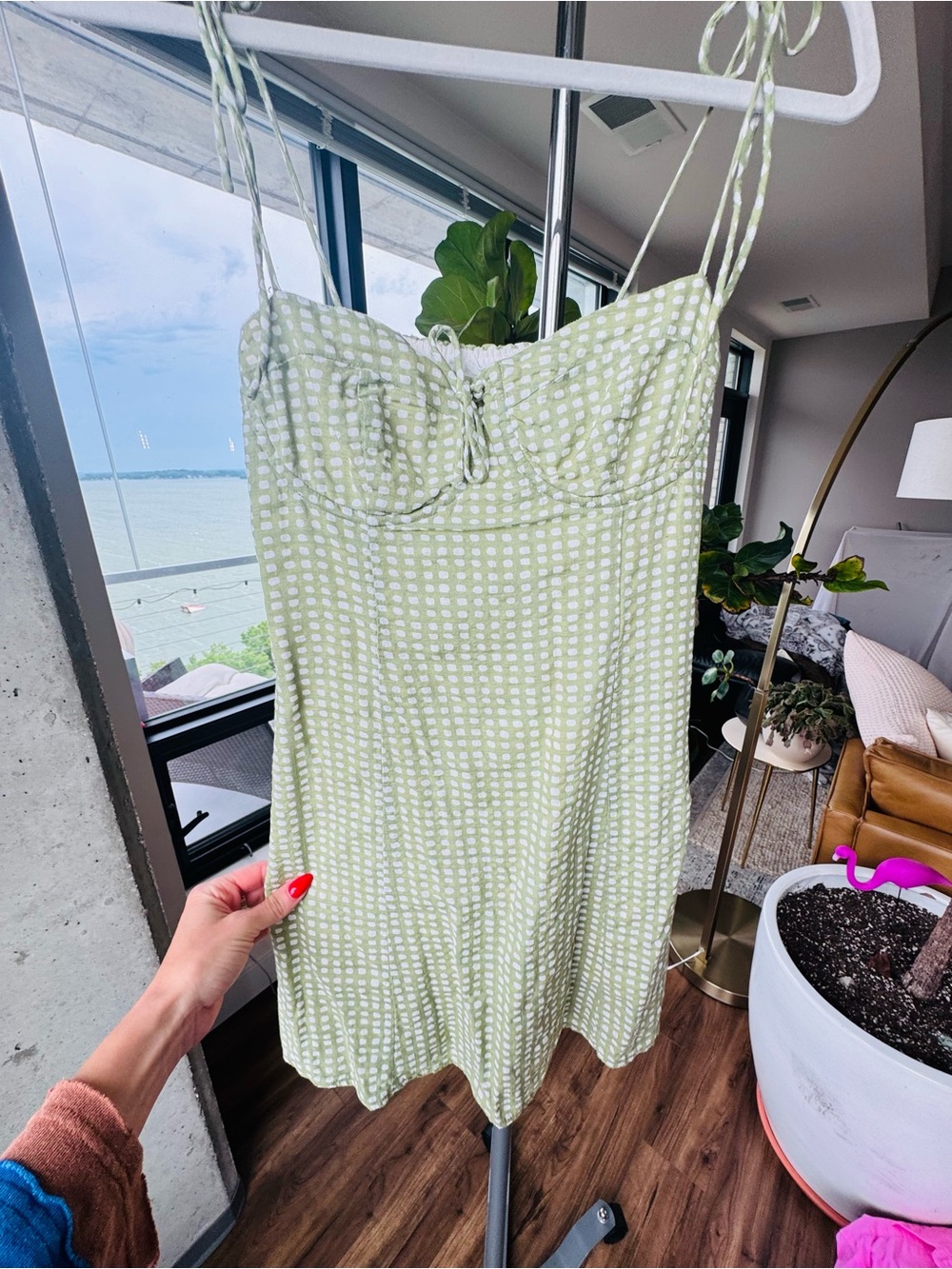 Light Green Polka-Dot Spaghetti Strap Mini Dress